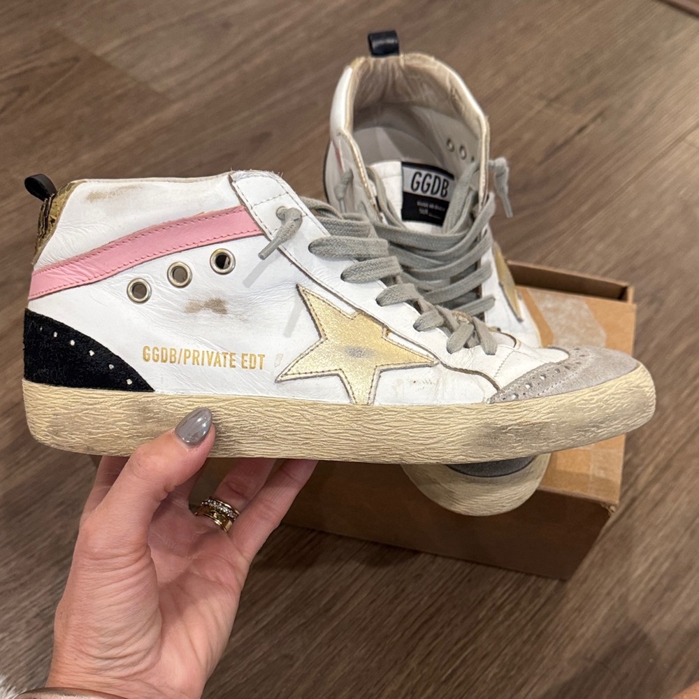 Authentic Golden Goose Mid Star White and Pink Leather Sneakers